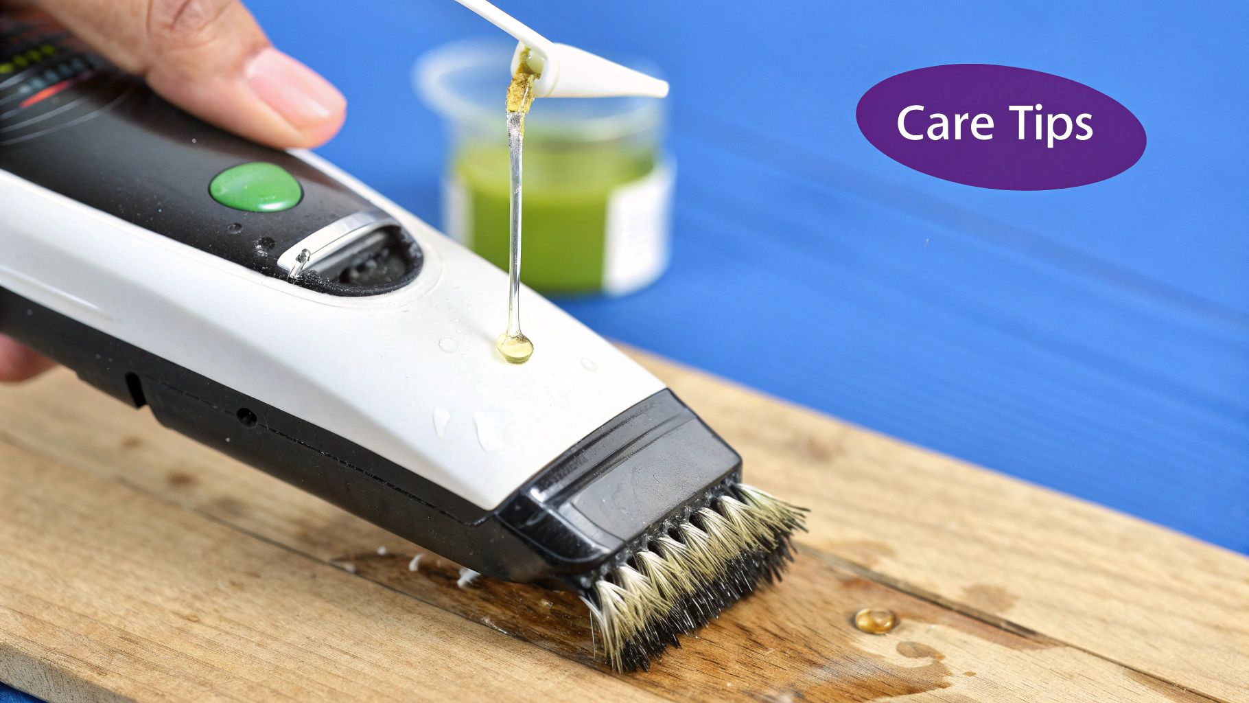 A barber carefully cleaning and oiling a set of professional hair clippers.