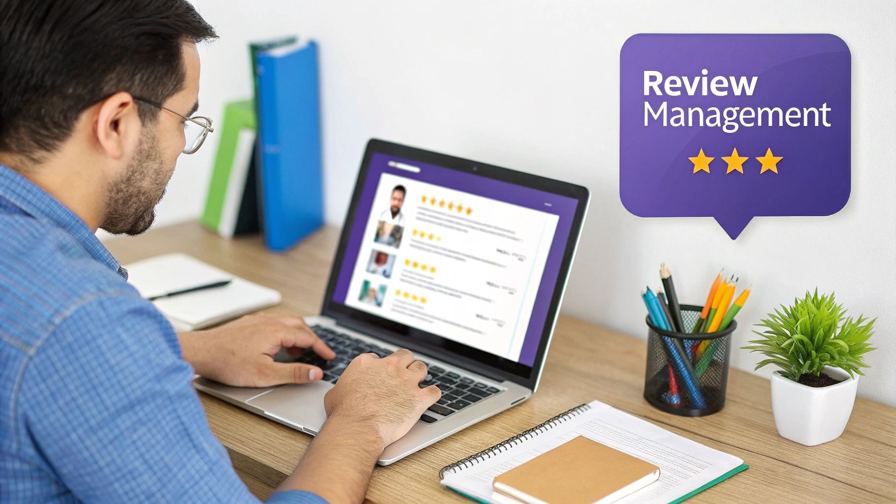 An illustration showing a smartphone with customer review stars and feedback bubbles, symbolizing online reputation management.
