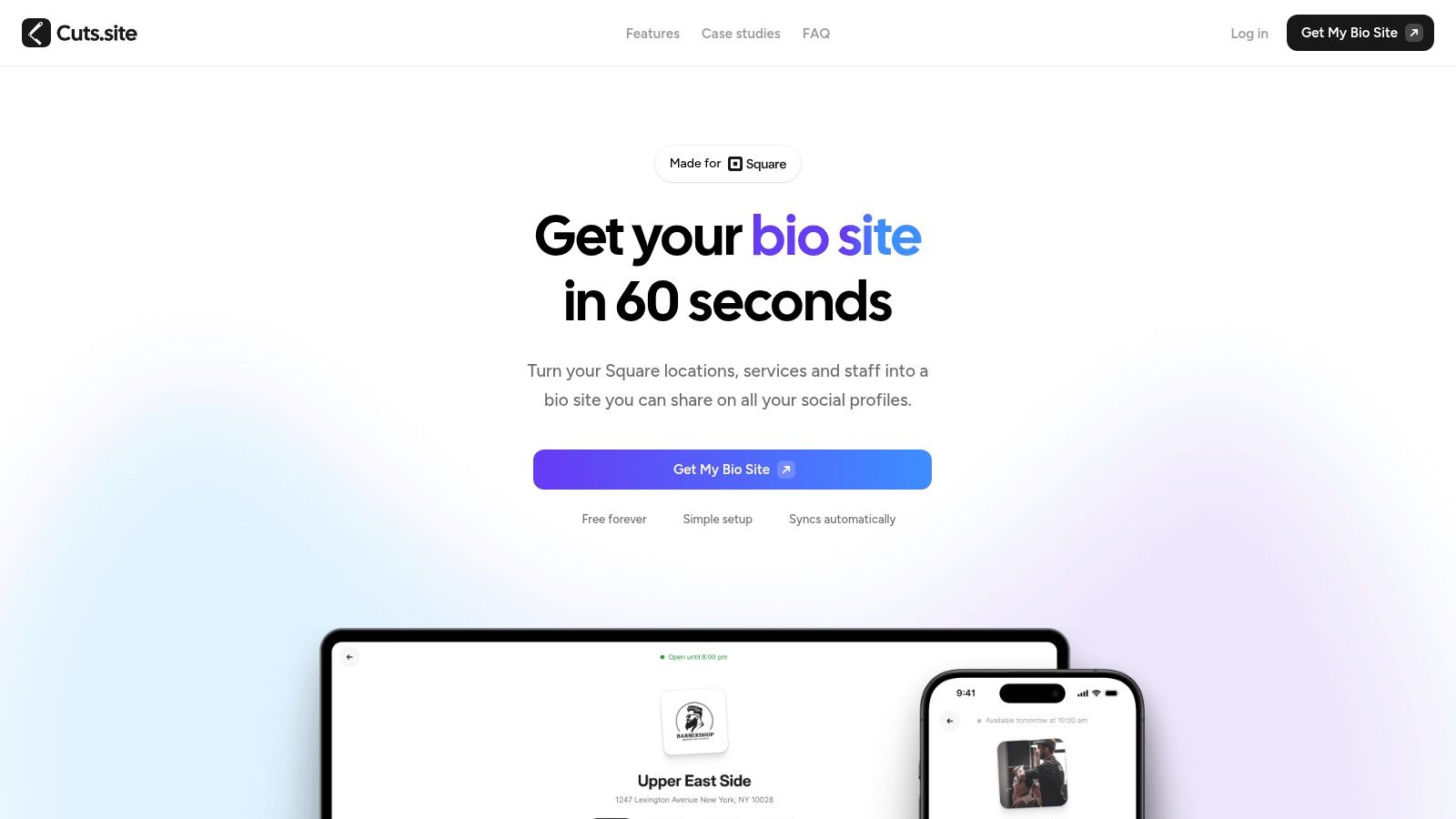 Cuts.site user interface showcasing a barbershop's bio page