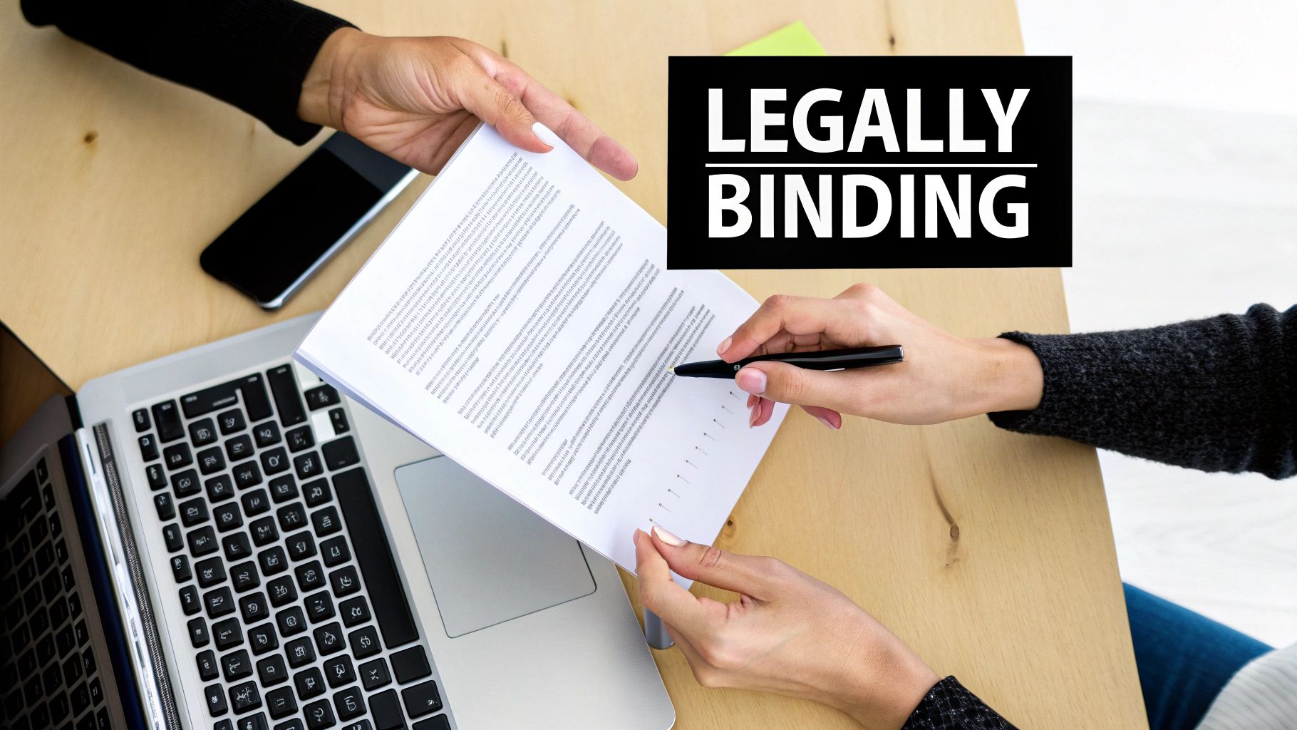 Discover what is a deed of company arrangement: A concise guide for directors 3 Hands exchanging and signing a legally binding document on a wooden desk with a laptop and phone.