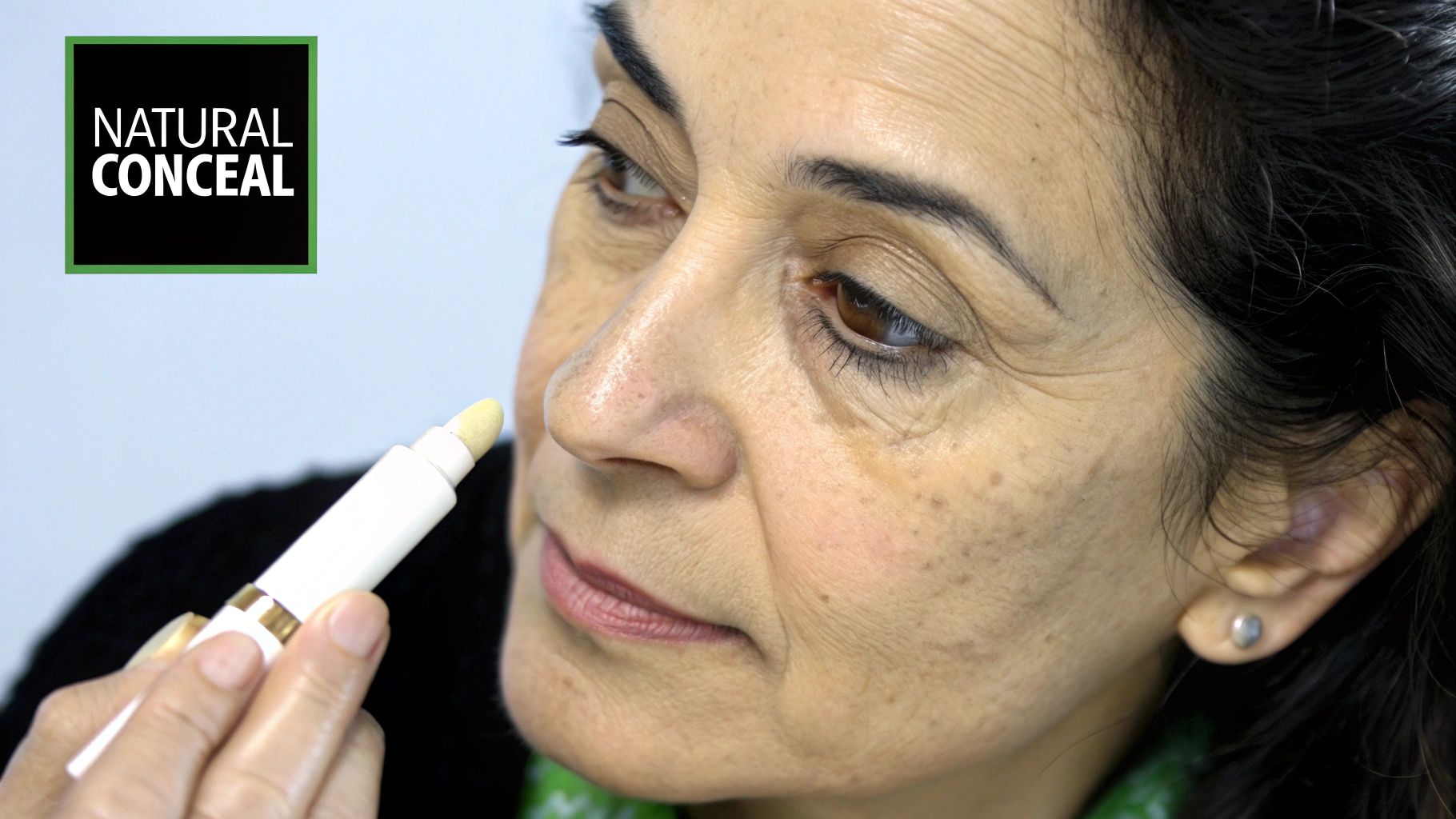 A woman strategically applying concealer under her eye with a brush, demonstrating a precise and targeted application.