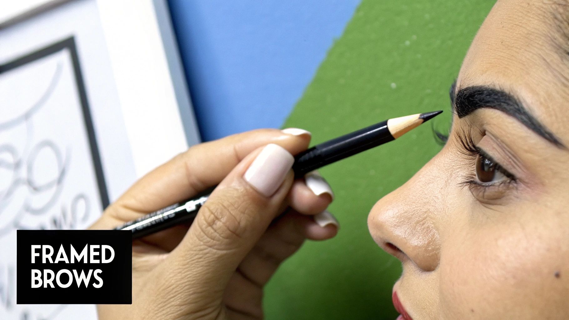 A close-up of a mature woman filling in her eyebrow with a brow pencil, demonstrating a gentle, upward stroke technique.