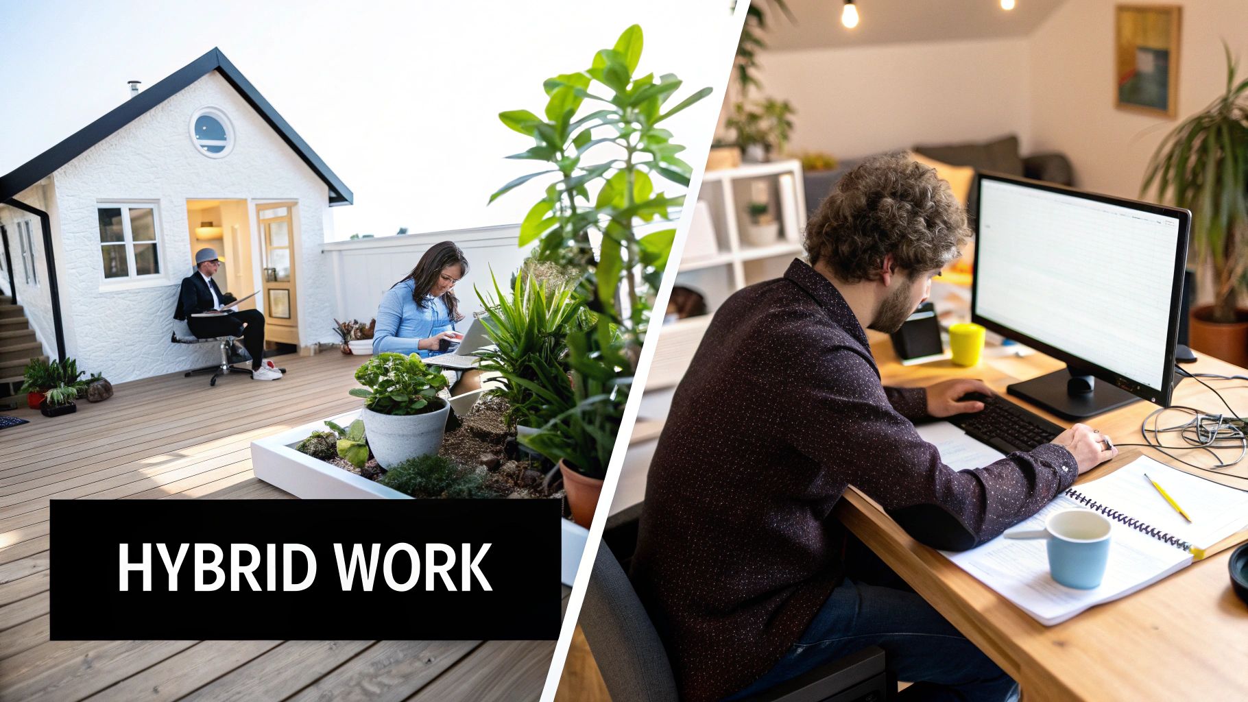 Illustration showing a hybrid work model with employees in an office and working remotely, connected by digital tools.