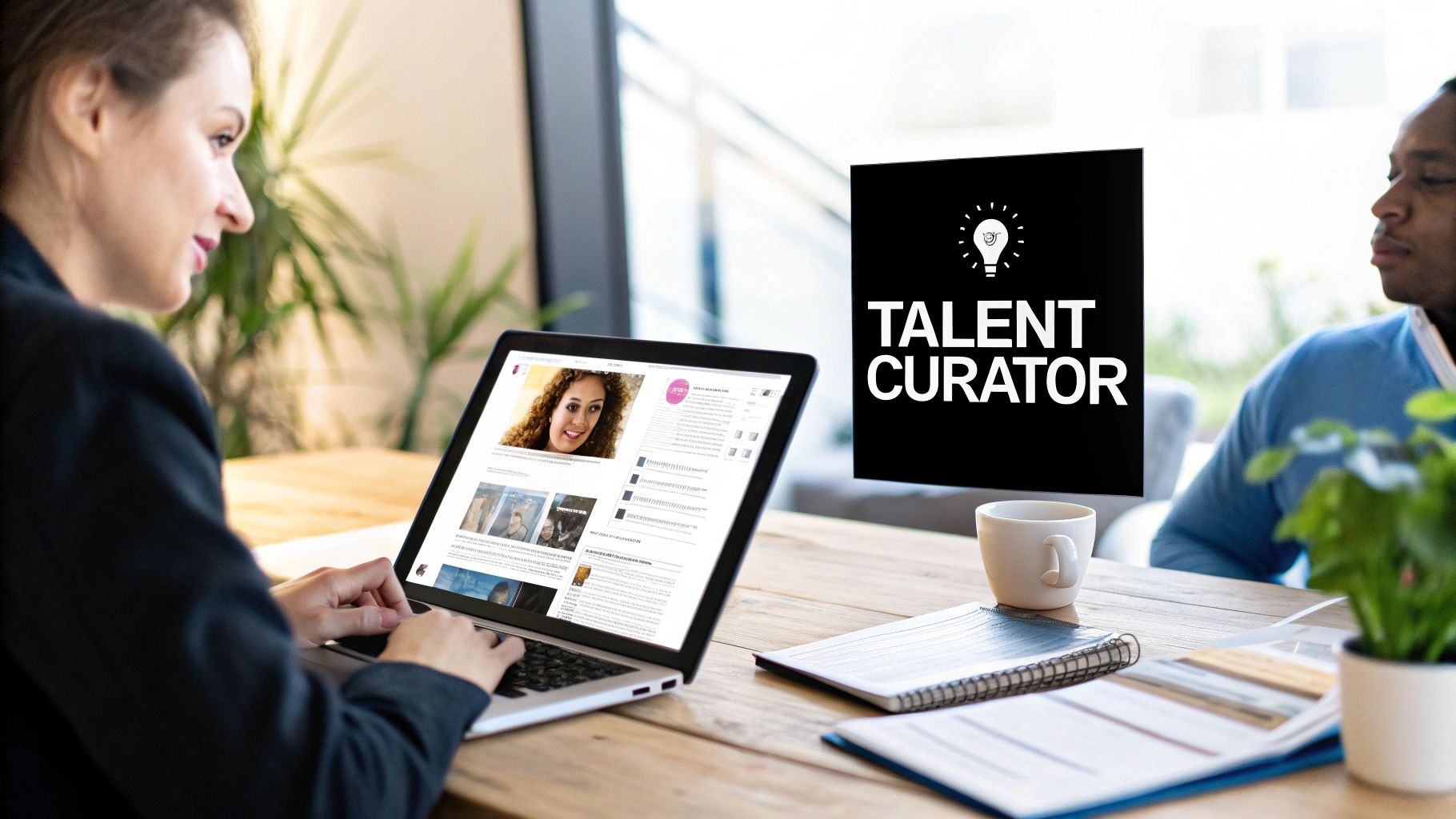 A woman works on a laptop displaying profiles, next to a man and a screen reading 'TALENT CURATOR'.