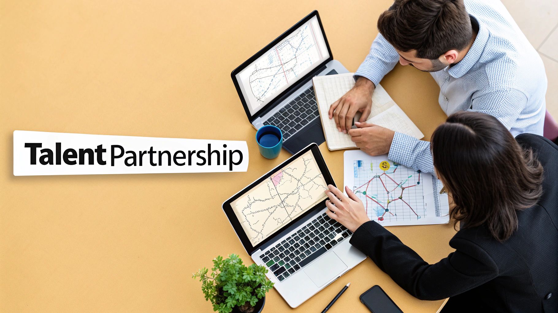 Two professionals collaborate on laptops and documents, with 'Talent Partnership' text overlay.