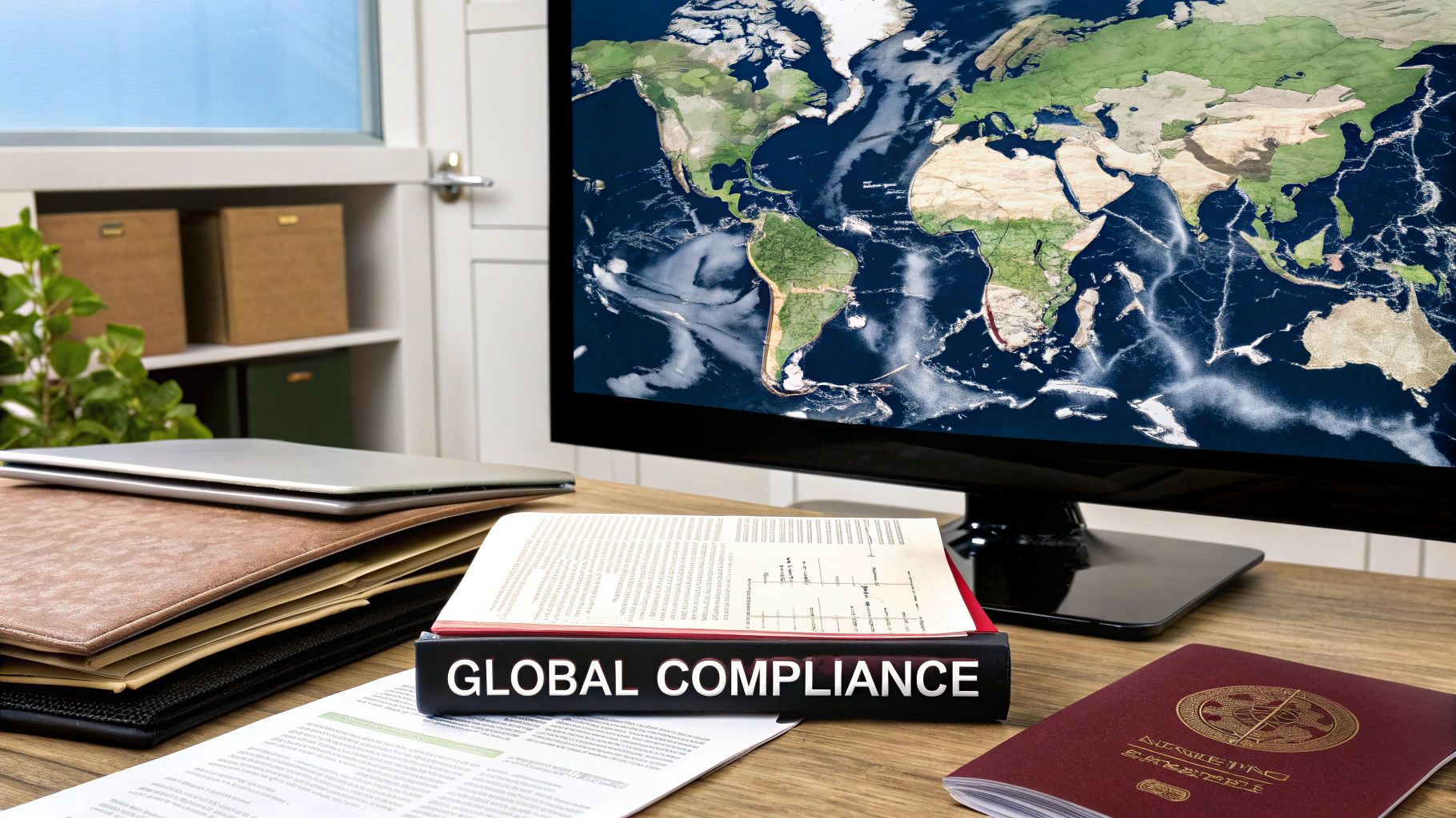 A world map with interconnected nodes, symbolizing global HR compliance challenges.