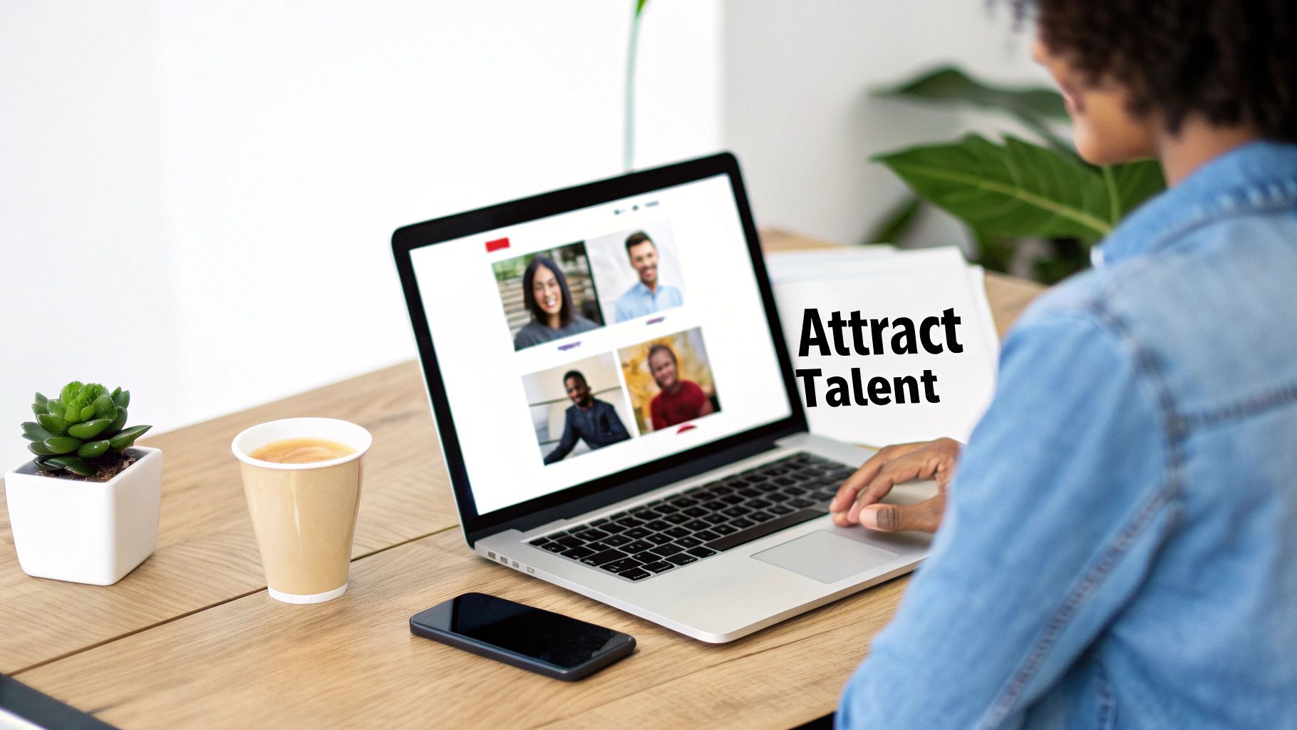 Person viewing diverse team profiles on a laptop, with "Attract Talent" text, symbolizing recruitment.