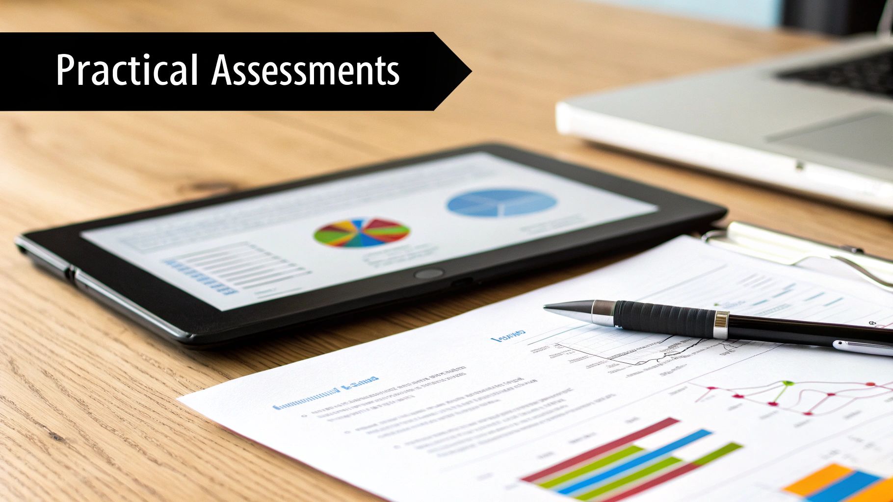 A desk with a tablet displaying charts, a document with graphs, and a pen. A banner reads 'Practical Assessments'.