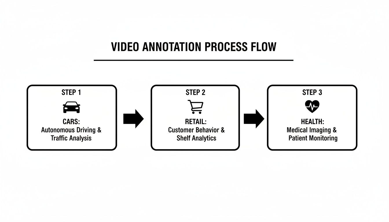 Flowchart illustrating the video annotation process flow across automotive, retail, and healthcare sectors.