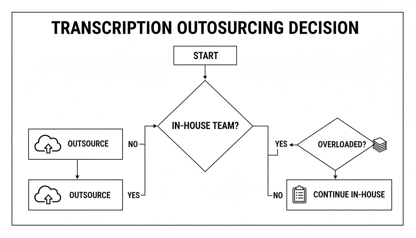 A flowchart illustrating the decision process for transcription outsourcing, based on in-house team availability and workload.