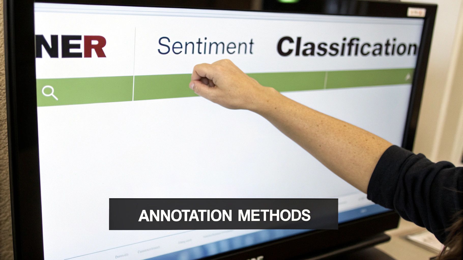 A person's hand points at a computer screen displaying text annotation software for sentiment classification.