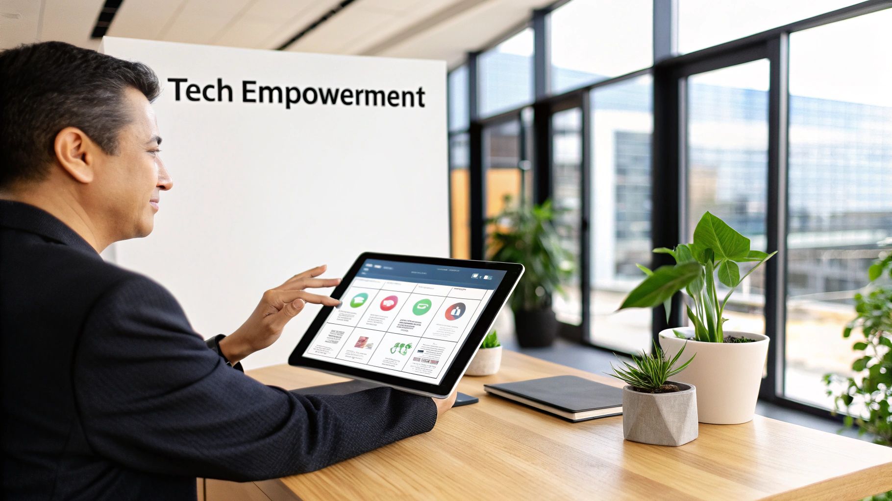 A diverse team collaborates around a screen showing data analytics, representing a human-centric tech approach in HR.