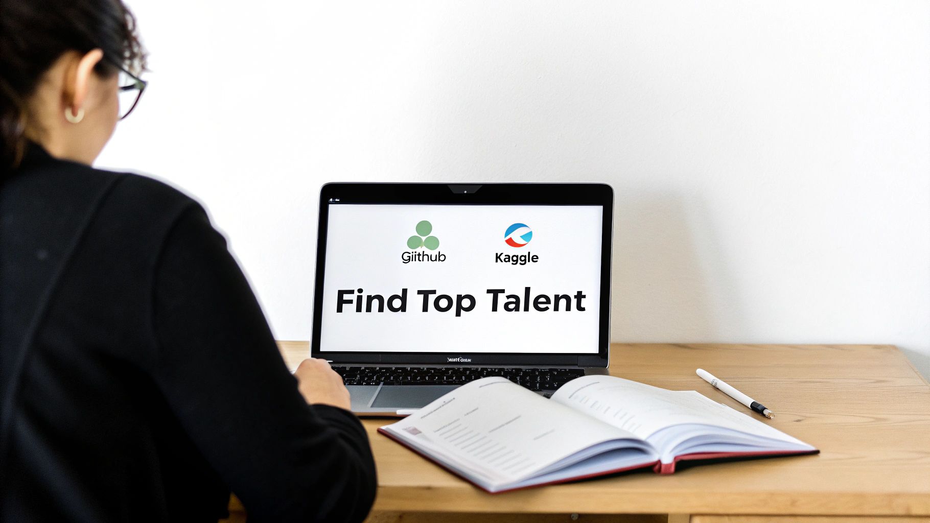 A person views a laptop screen displaying Github and Kaggle logos with 'Find Top Talent'.