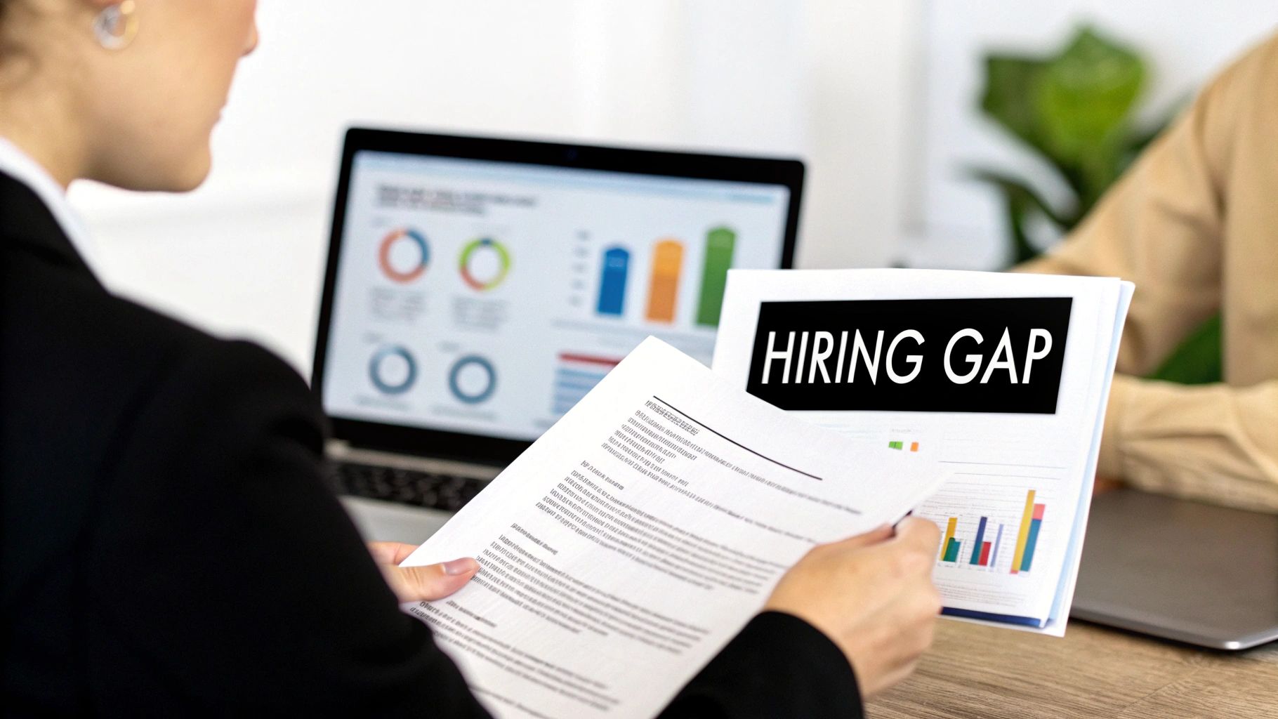 Professional reviewing a 'Hiring Gap' document with charts and laptop data.