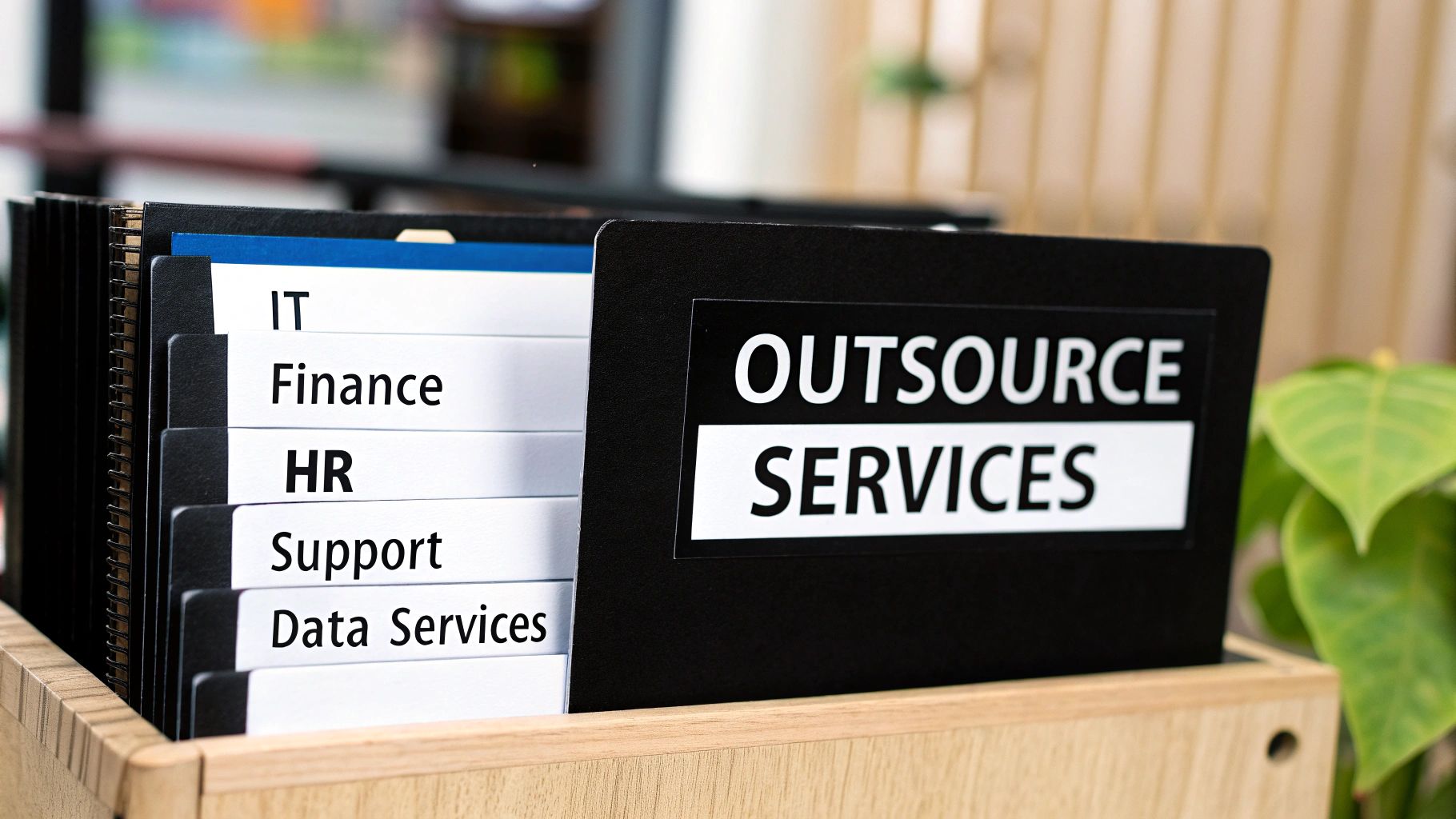 Folders in a wooden holder, one labeled 'Outsource Services', with tabs for IT, Finance, HR, Support, Data Services.