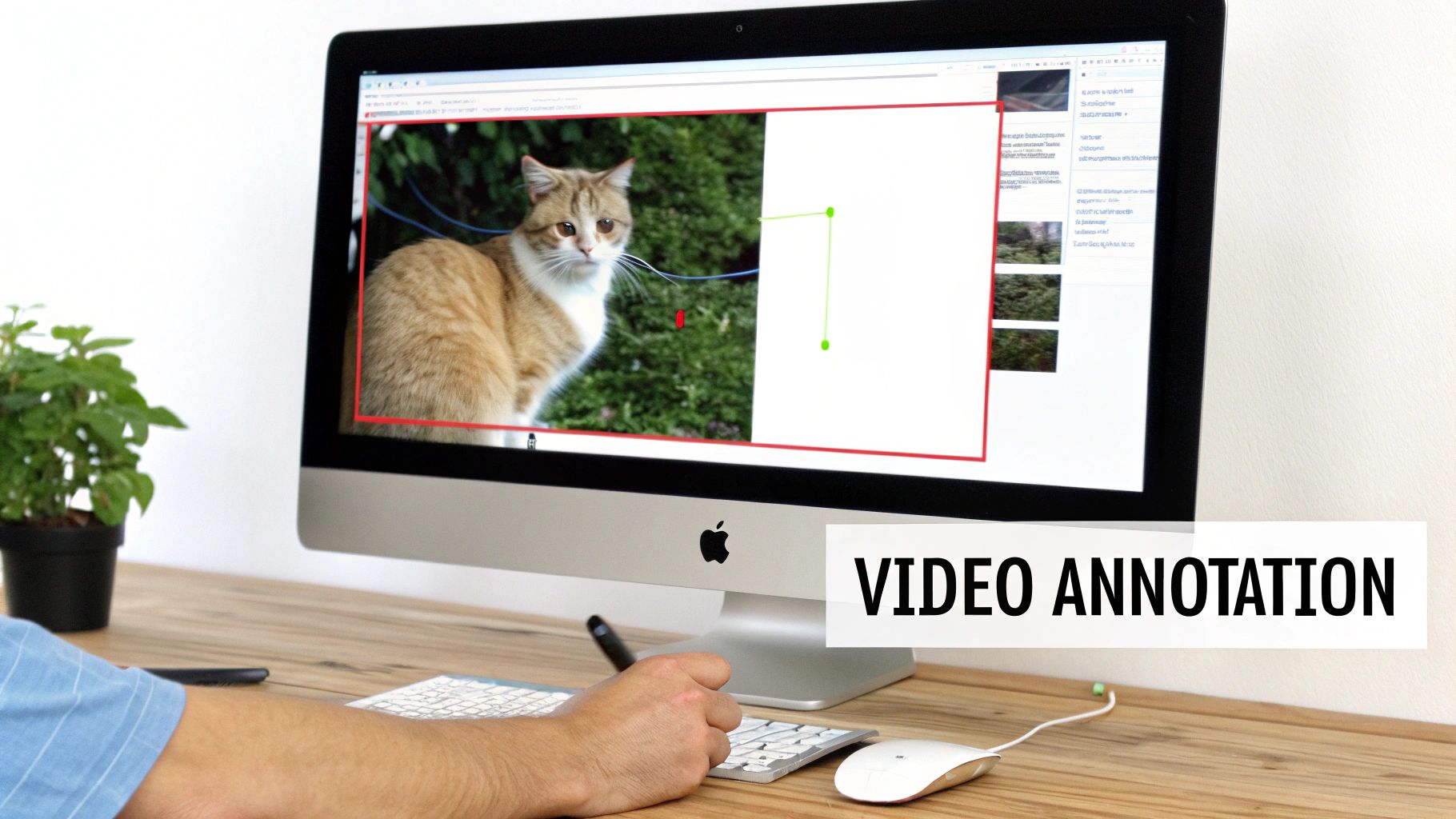 A person uses a desktop computer to perform video annotation on an image of a cat.