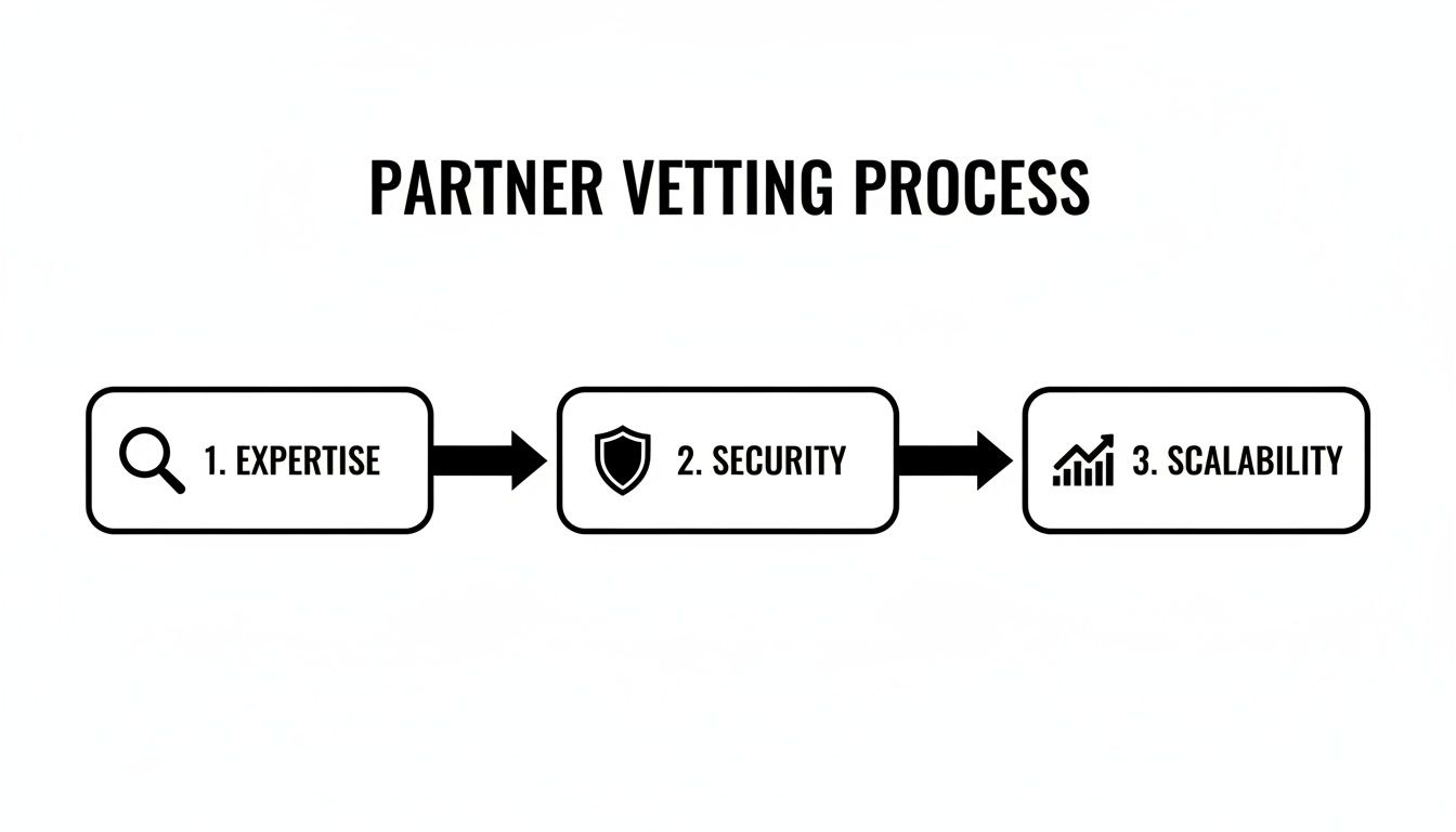 A flowchart outlining a three-step partner vetting process: expertise, security, and scalability.