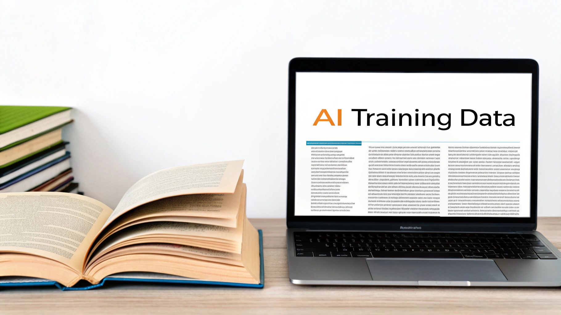 A laptop displaying 'AI Training Data' next to an open book and a stack of books.