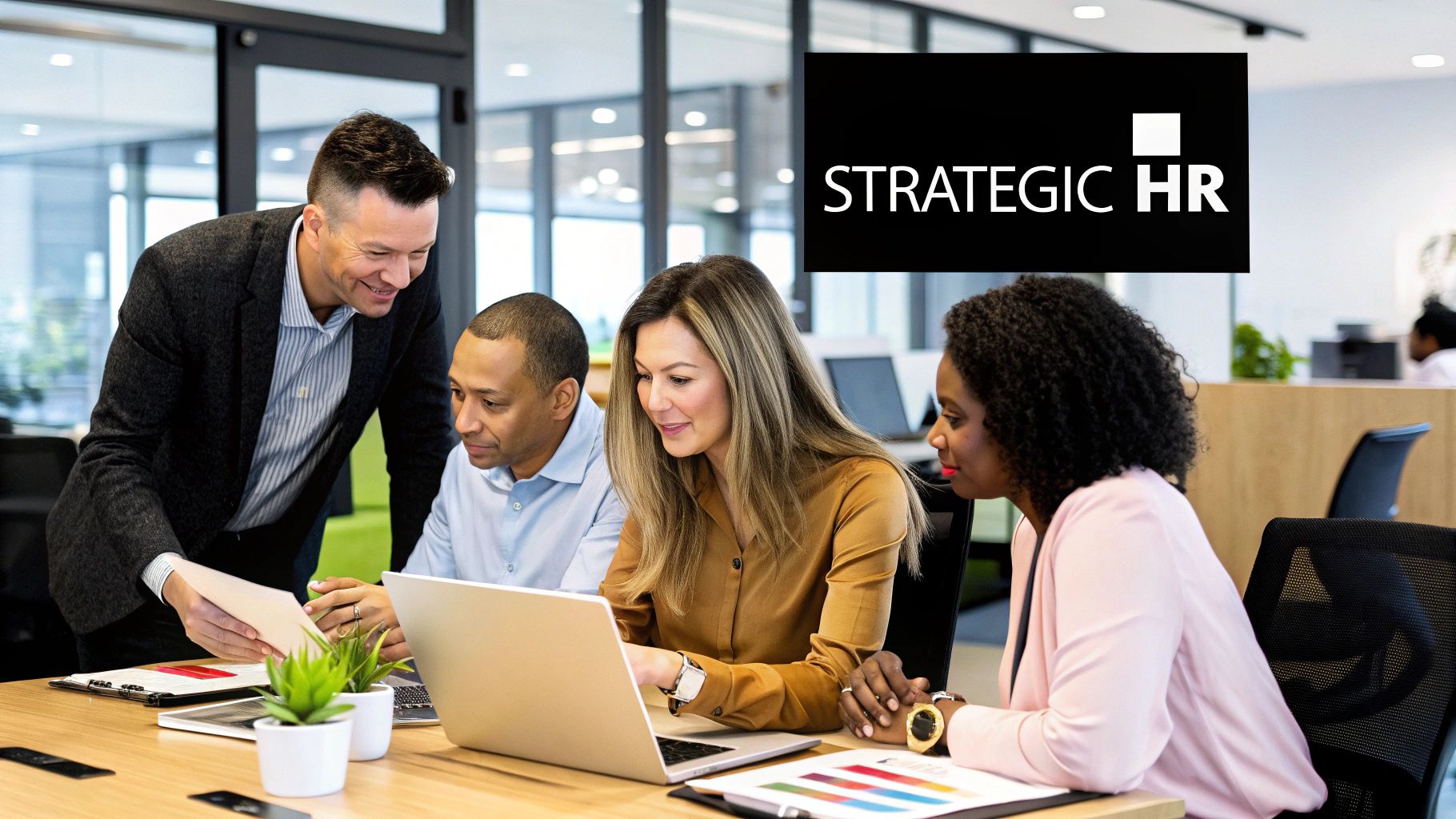 Group of diverse professionals collaborating in a modern office, representing the strategic role of HR