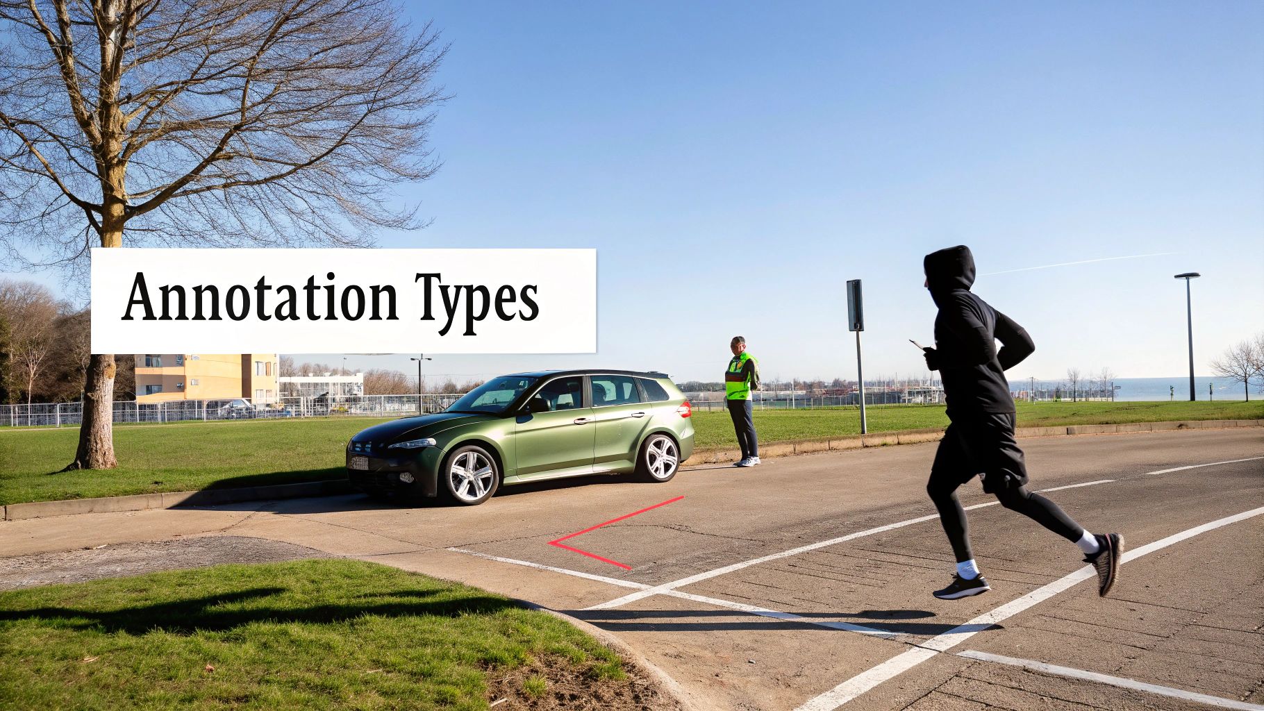 A person runs on a road as another stands by a green car with an 'Annotation Types' banner.