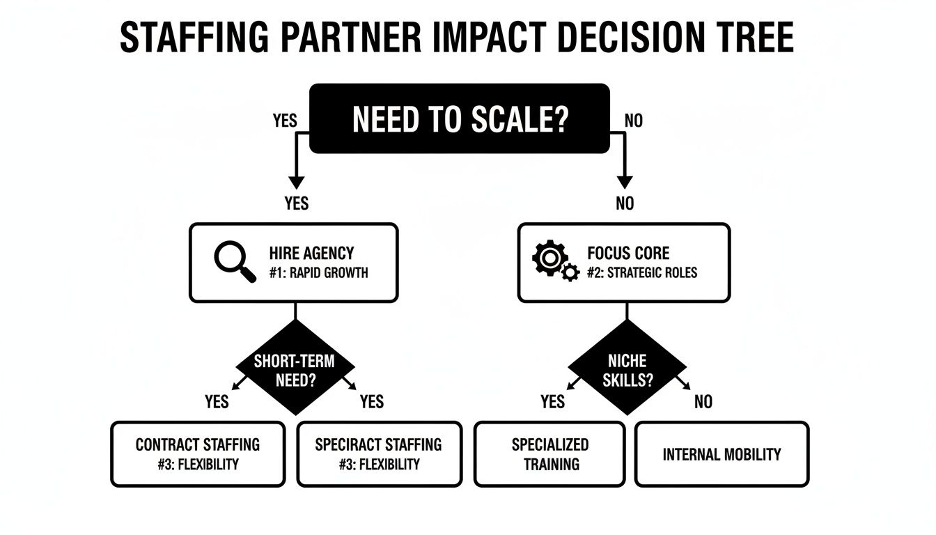 Decision tree guiding staffing partner impact based on scaling needs and skill requirements.