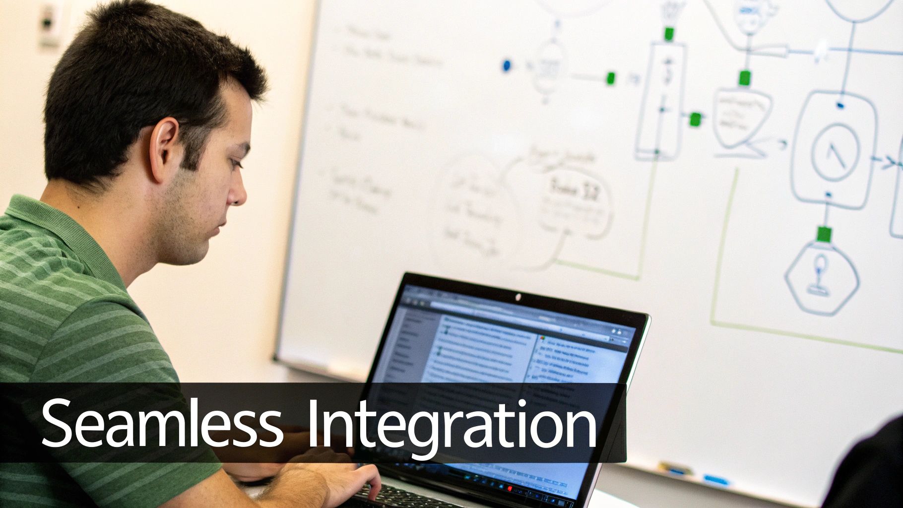 A person works on a laptop in an office, with workflow diagrams on a whiteboard, illustrating seamless integration.