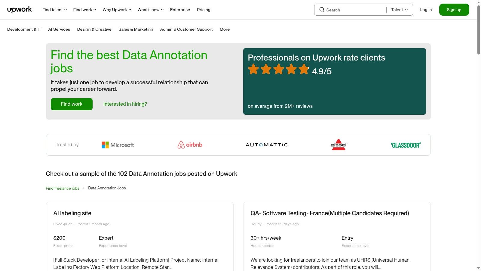Upwork interface showing freelance data annotation job listings