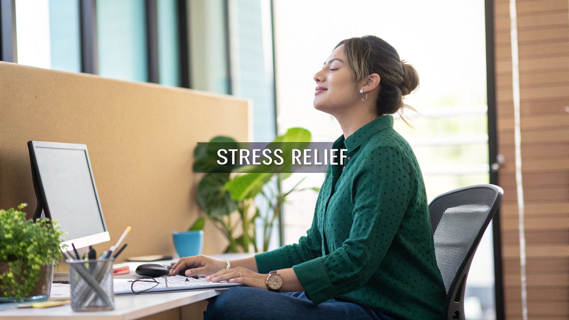 A person meditating in an office setting to represent mental wellness at work.