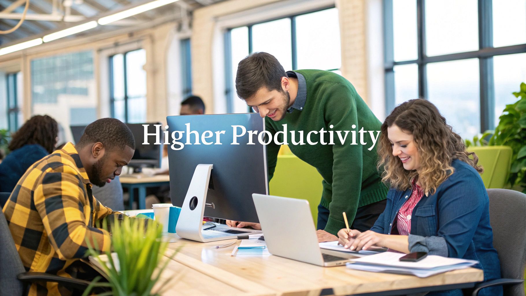 Team members collaborating happily at an ergonomic workstation.