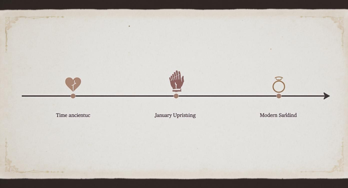 Infografika przedstawiająca oś czasu tradycji noszenia pierścionka w Polsce, od starożytności po współczesność