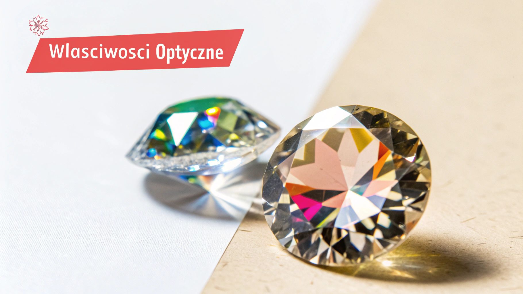 Dwa kamienie, diament i cyrkonia, pokazane w zbliżeniu pod światłem, aby uwydatnić różnice w ich właściwościach optycznych.