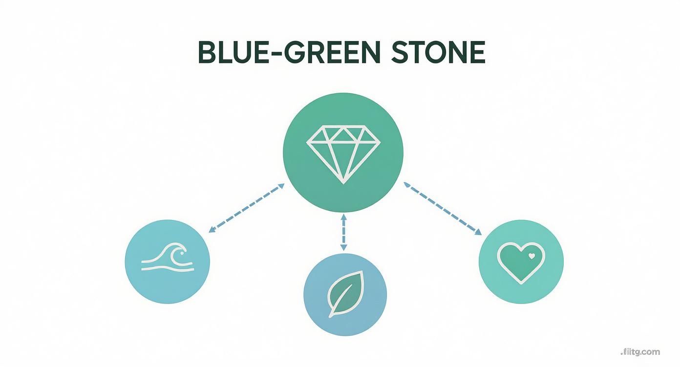 Infografika przedstawiająca niebieskozielony kamień szlachetny z ikonami fali, liścia i serca połączonymi strzałkami