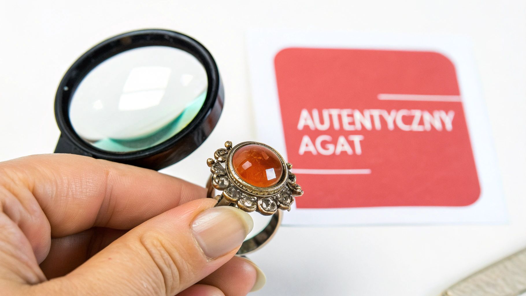Zbliżenie na pierścionek z agatem o nieregularnych wzorach