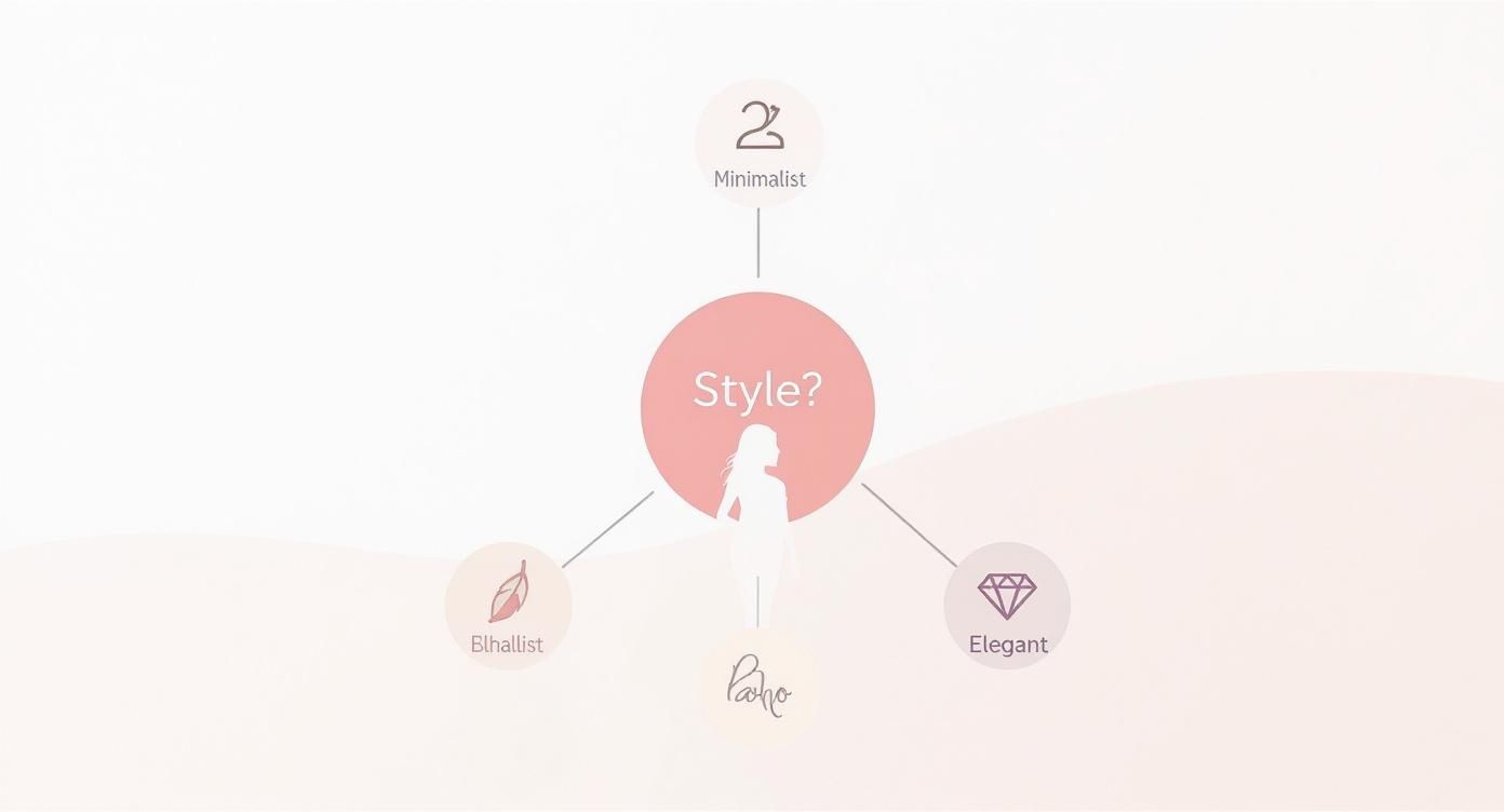 Diagram wyboru stylu prezentu dla przyjaciółki: minimalistyczny, elegancki, boho lub stylowy z kobiecą sylwetką