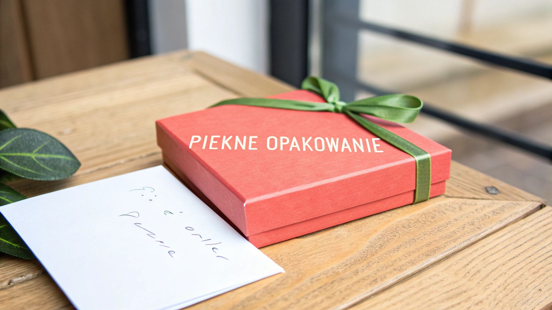 Czerwone pudełko prezentowe z zieloną wstążką i napisem piękne opakowanie na drewnianym stole