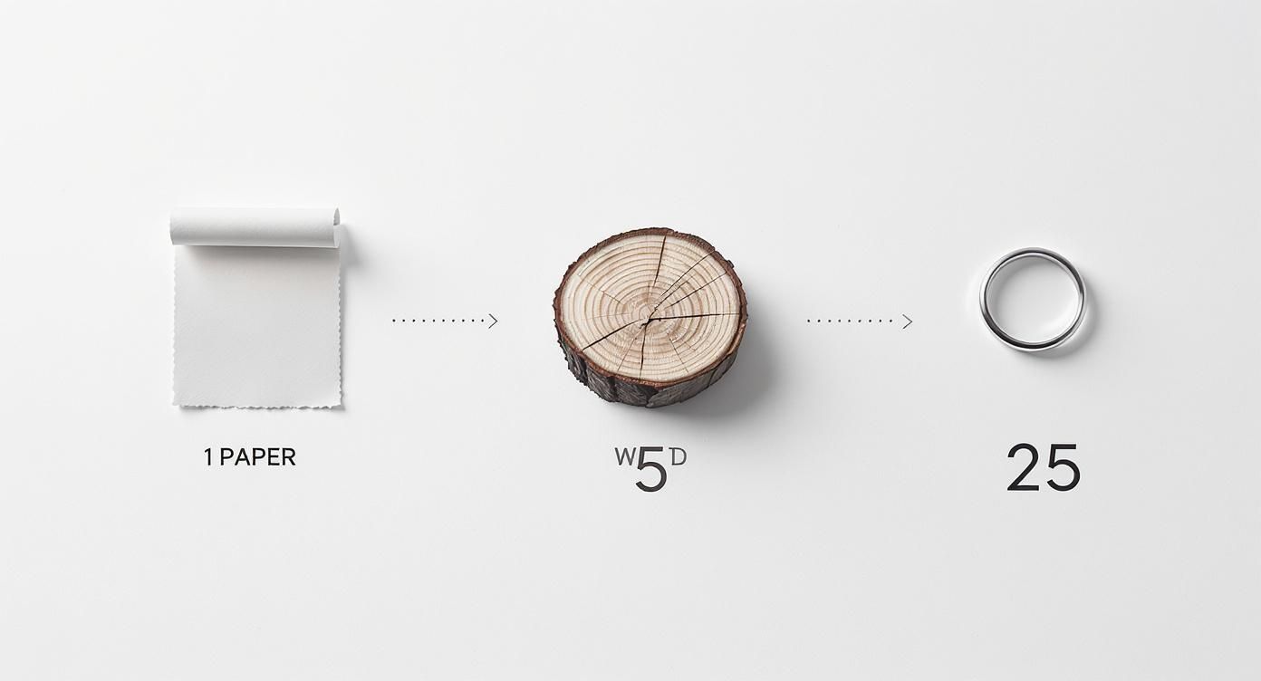 Infografika przedstawiająca oś czasu z nazwami rocznic ślubu: 1. Papierowa, 5. Drewniana, 25. Srebrna