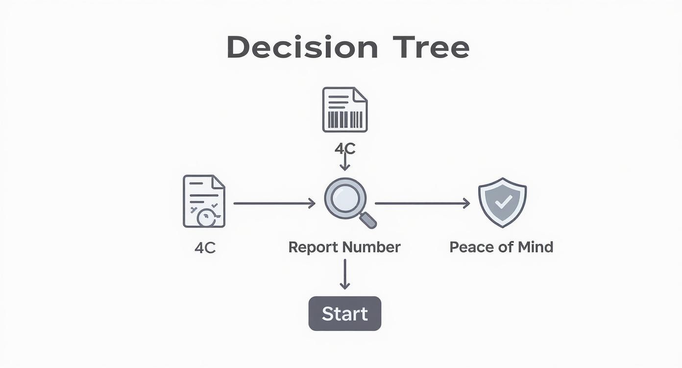 Infografika przedstawiająca drzewo decyzyjne dotyczące certyfikatu diamentu, z gałęziami wskazującymi na sprawdzenie 4C, numeru raportu i spokoju ducha.