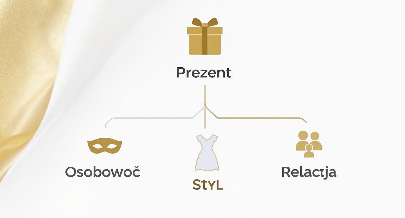 Infografika przedstawiająca hierarchię trafionego prezentu, uwzględniając osobowość, styl i relację.