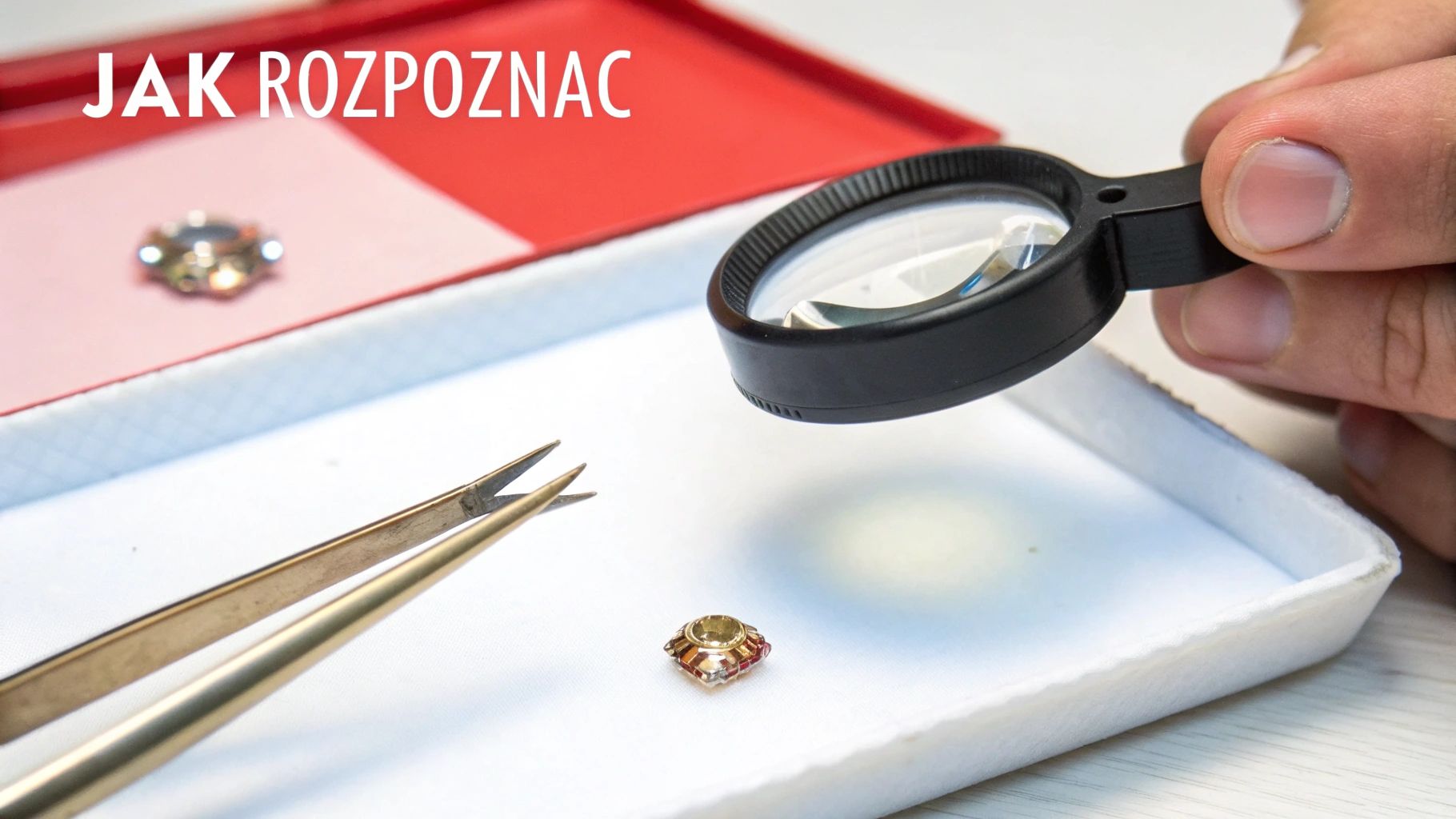 Zbliżenie na lupę jubilerską skierowaną na pierścionek, co symbolizuje proces weryfikacji autentyczności kamienia.