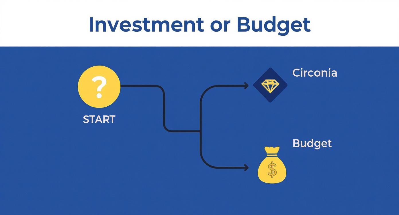Infografika przedstawiająca drzewo decyzyjne, które pomaga wybrać między diamentem a cyrkonią na podstawie priorytetu inwestycji lub budżetu.