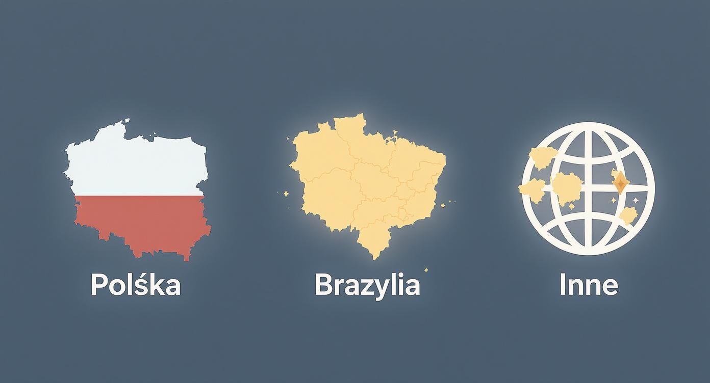 Mapa Polski z flagą, mapa Brazylii i ikona globu z napisami Polska, Brazylia, Inne