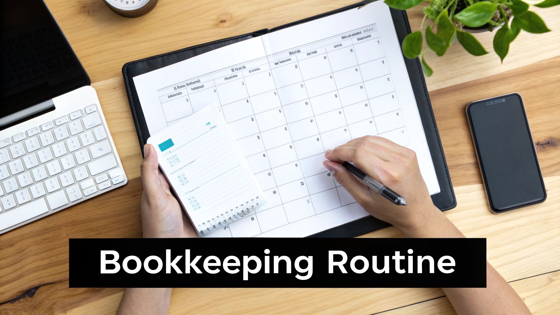 A small business owner sits at a desk with a laptop, calculator, and neatly organized papers, creating a sense of calm control over their finances.