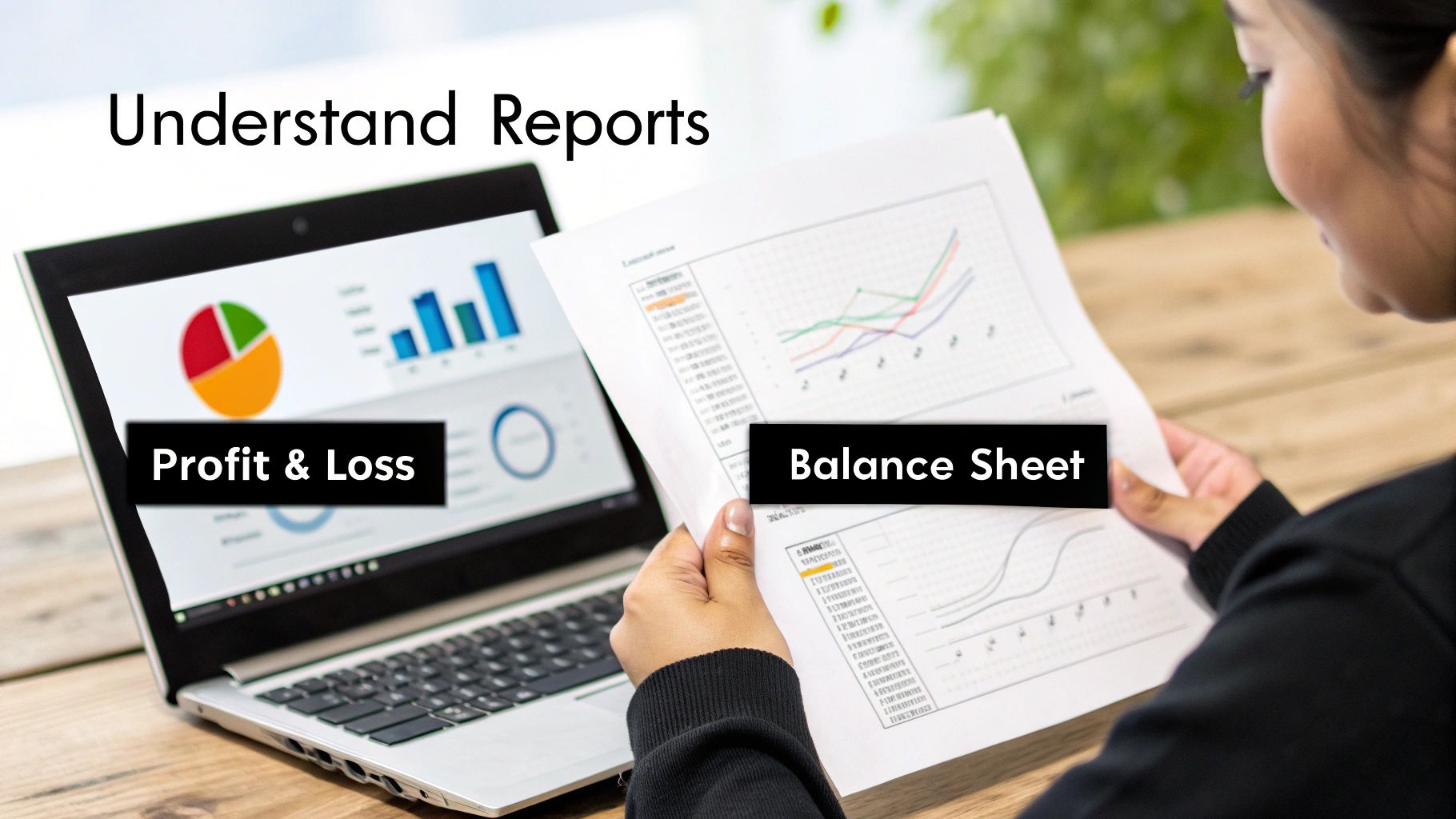 A person analyzing charts and graphs on a laptop, representing financial reports.