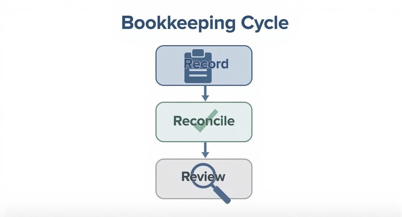 An infographic showing the bookkeeping cycle which includes recording, reconciling, and reviewing financial data.
