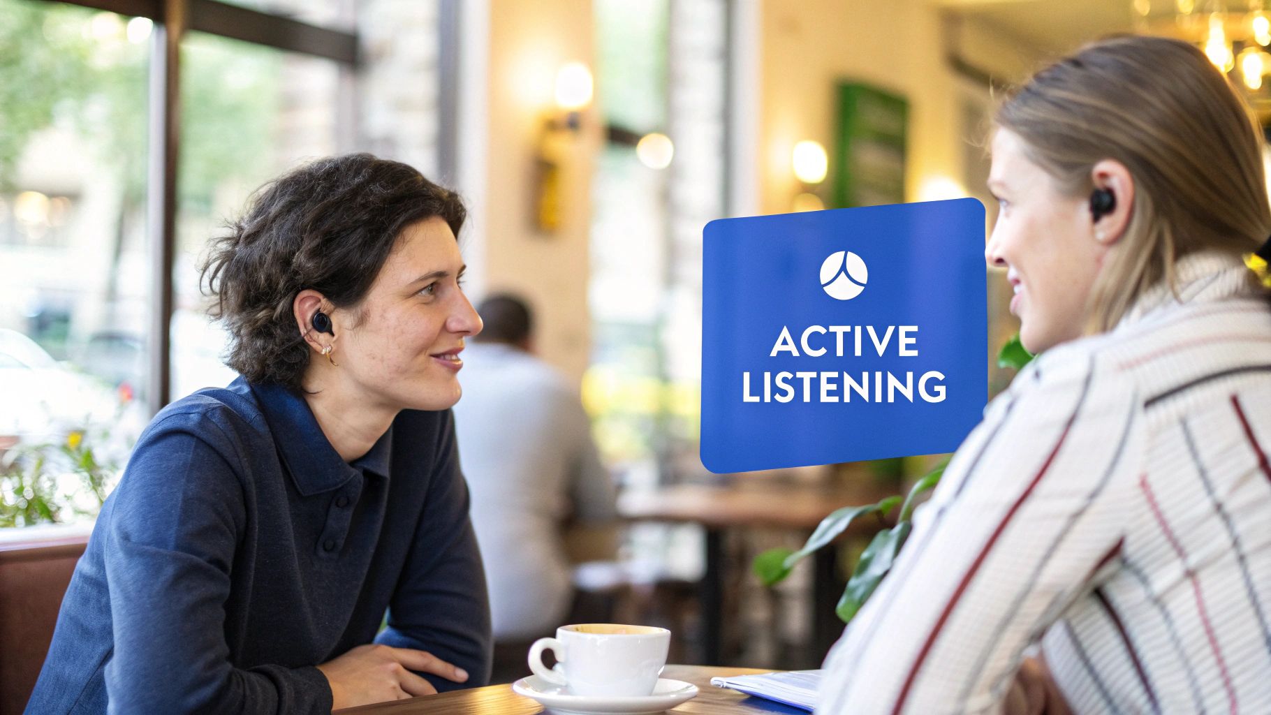 A person is gesturing while listening intently to another person in a coffee shop setting.