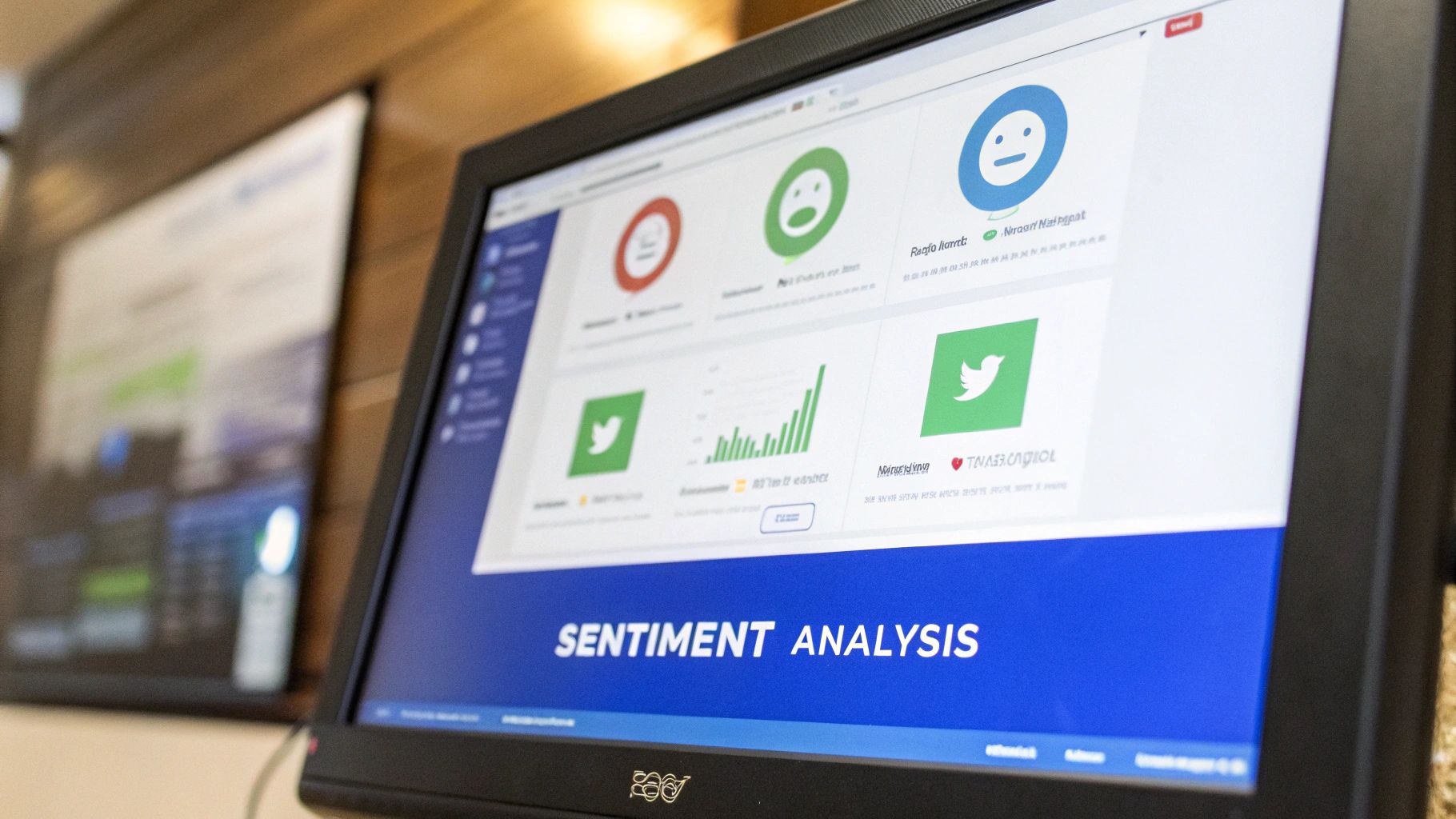 A person pointing at a screen with charts and graphs, turning data into actionable insights for a Twitter account.