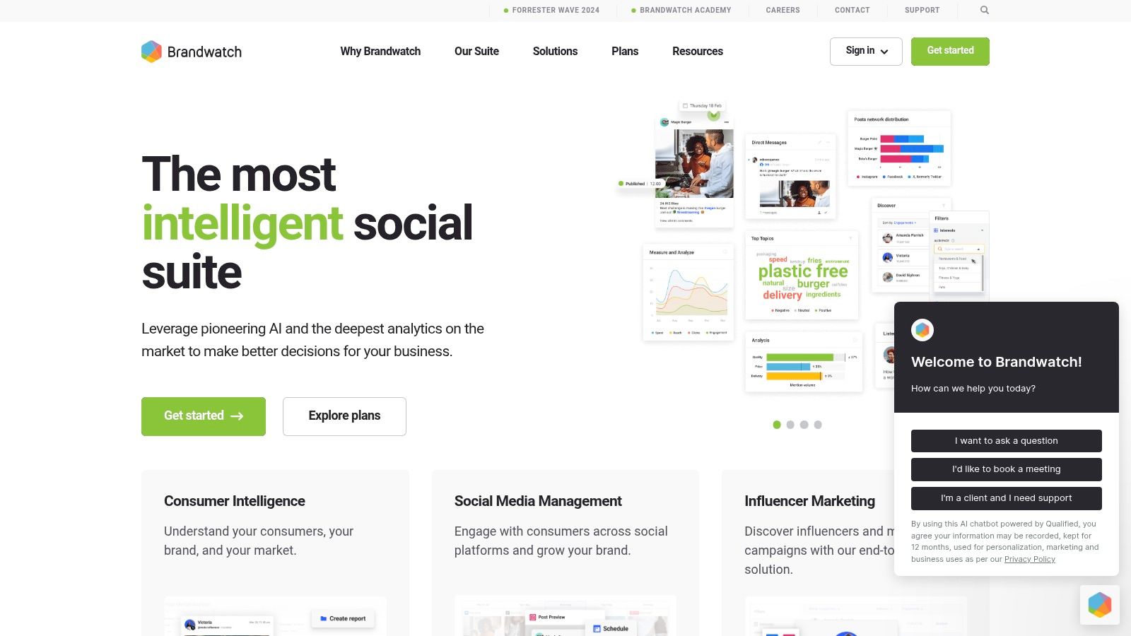 Brandwatch's dashboard showing social listening data and sentiment analysis.