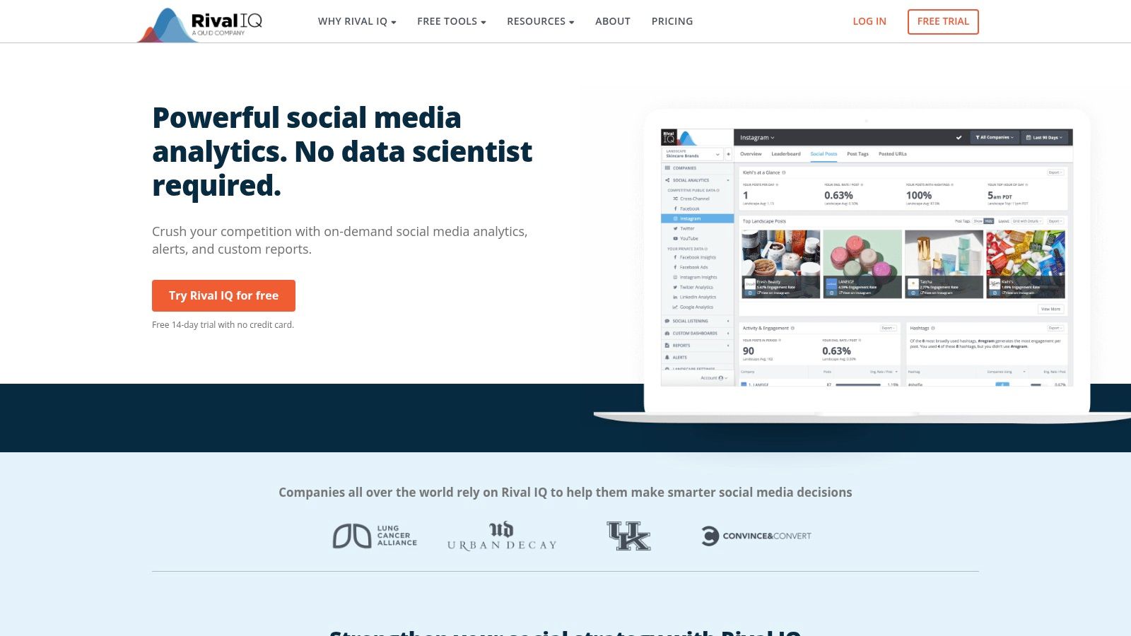 Rival IQ's competitive analysis dashboard showing comparative social media metrics.