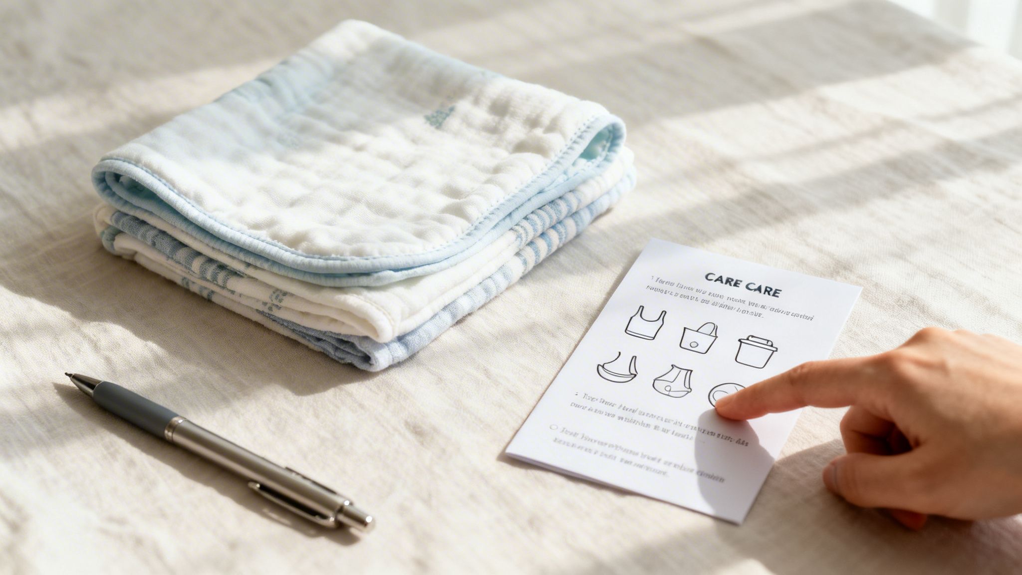 A hand points at a care instruction card next to folded blue and white baby burp cloths and a pen.