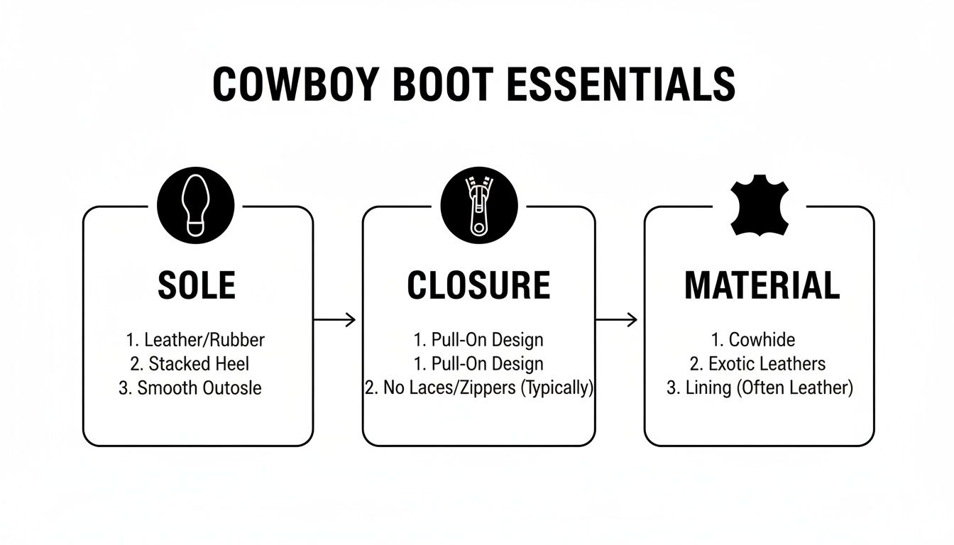 Infographic outlining cowboy boot essentials including sole, closure, and material characteristics like leather and pull-on design.